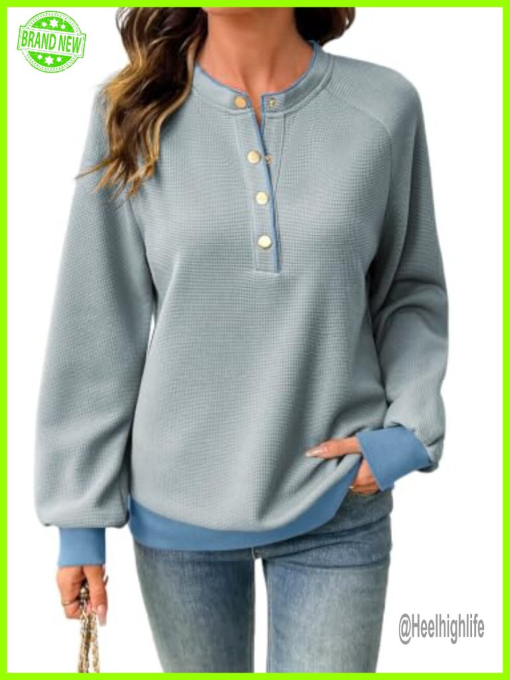 Waffle Knit Color Block Sweatshirt Henley Balloon Sleeve Pullover Top